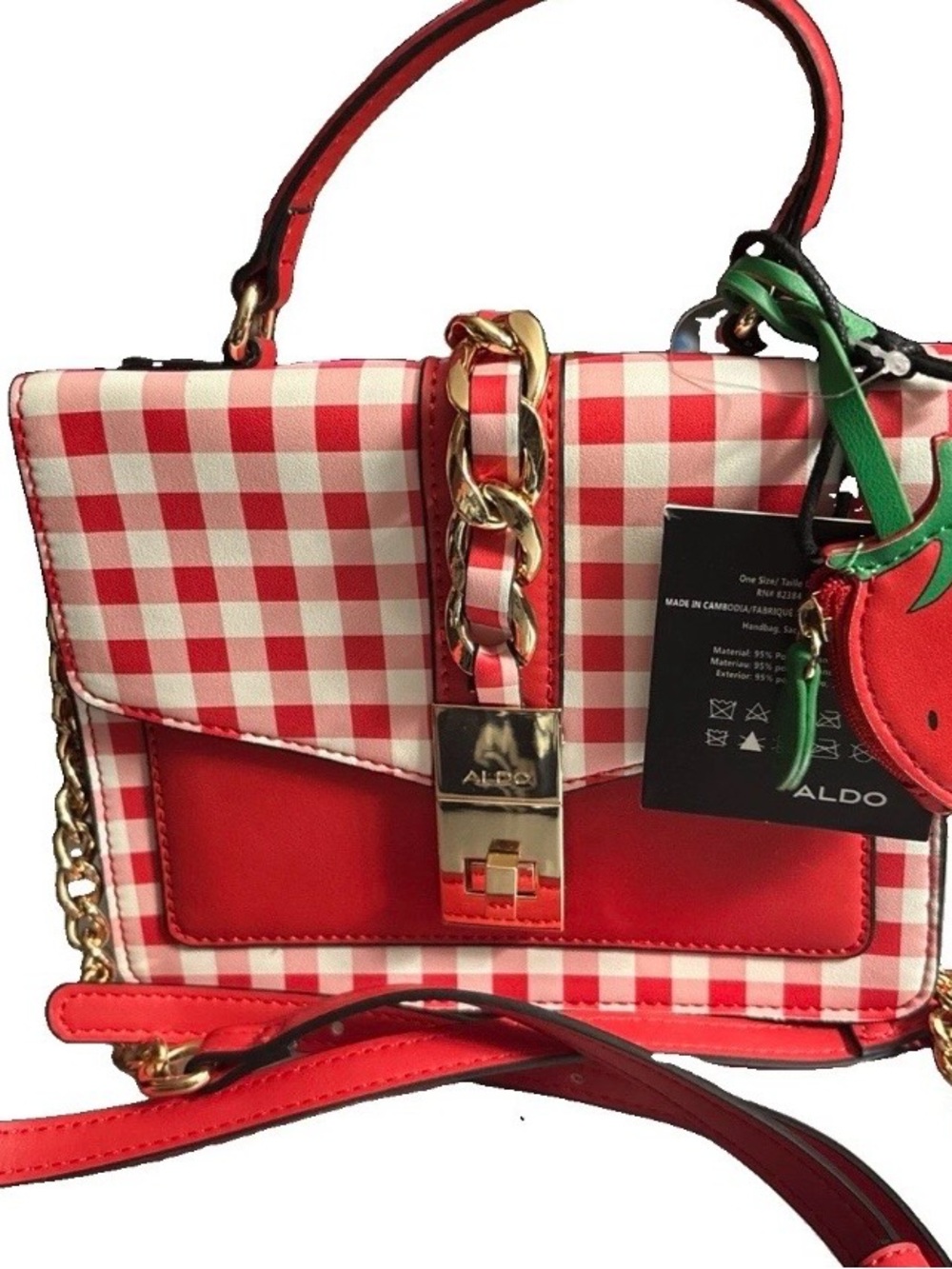 ALDO Red Gingham Top-Handle Satchel with Strawberry Charm